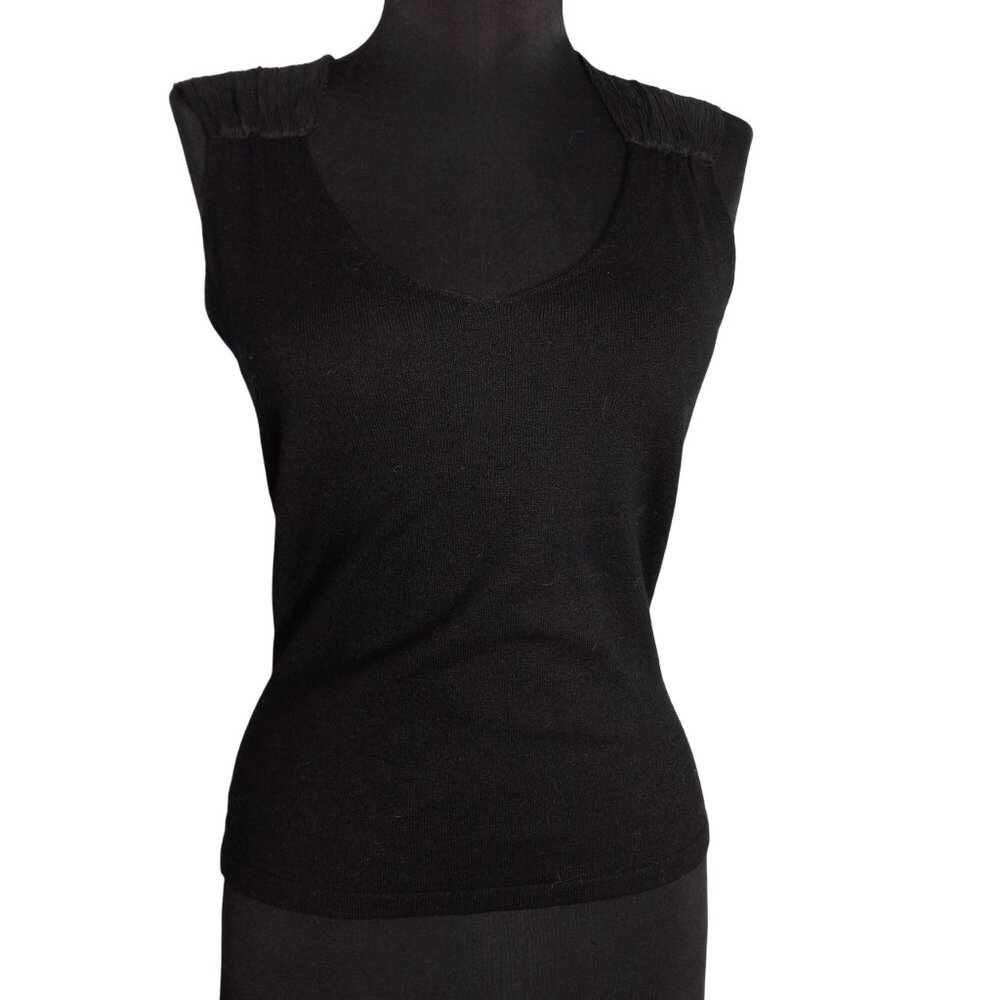 WHBM S Tank Top Shell Black Sleeveless Sweater Knit Pleated Silk Shoulder Womens